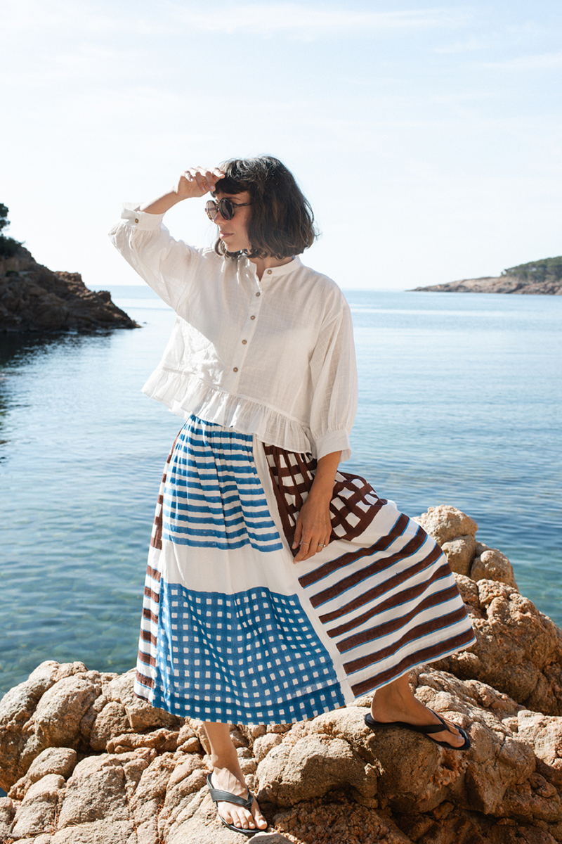 The Joy Skirt-Iconic Print Multi-Panel handwoven cotton skirt by World of Crow in multicolor for women Worldwide