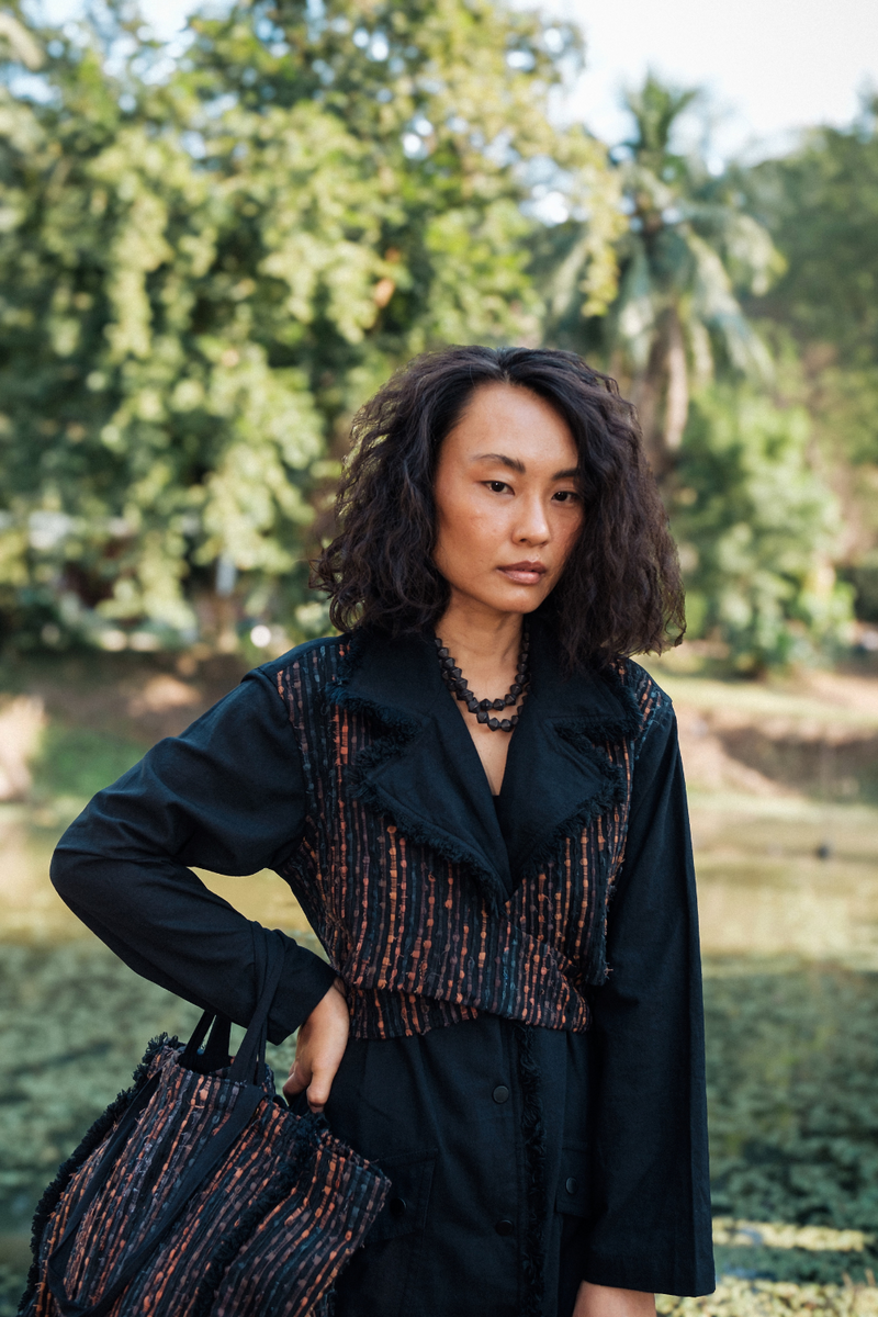 Upcycled Handwoven Copenhagen Trench - Black Copper cotton by The Terra Tribe in black color for women Worldwide