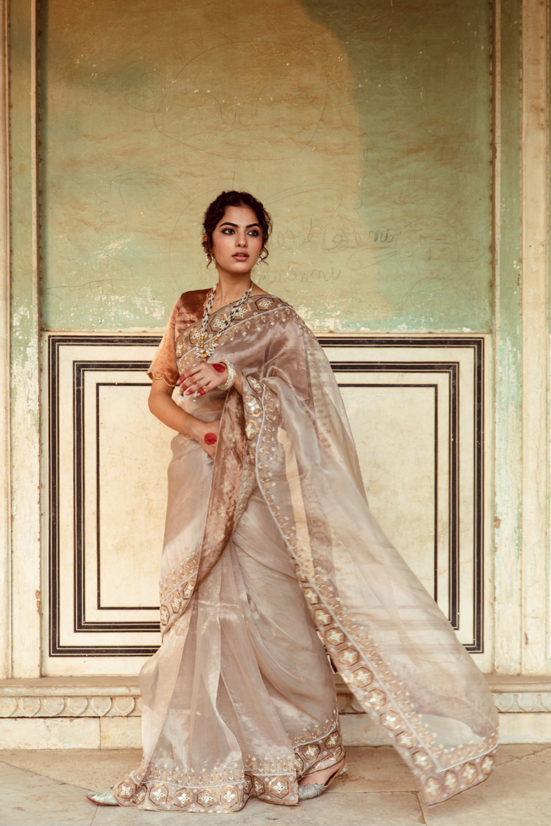 Antique Silver Embroidered Tissue Silk Sari silk by Maison Shefali in silver color for women Worldwide