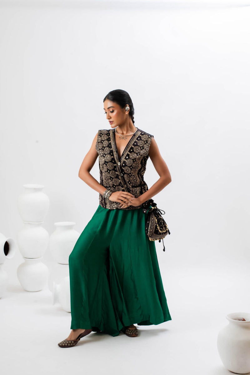 Tora Masai AJRAK Waist Coat Top & Oversize Pants satin by PRAHNAAYA in black color for women Worldwide