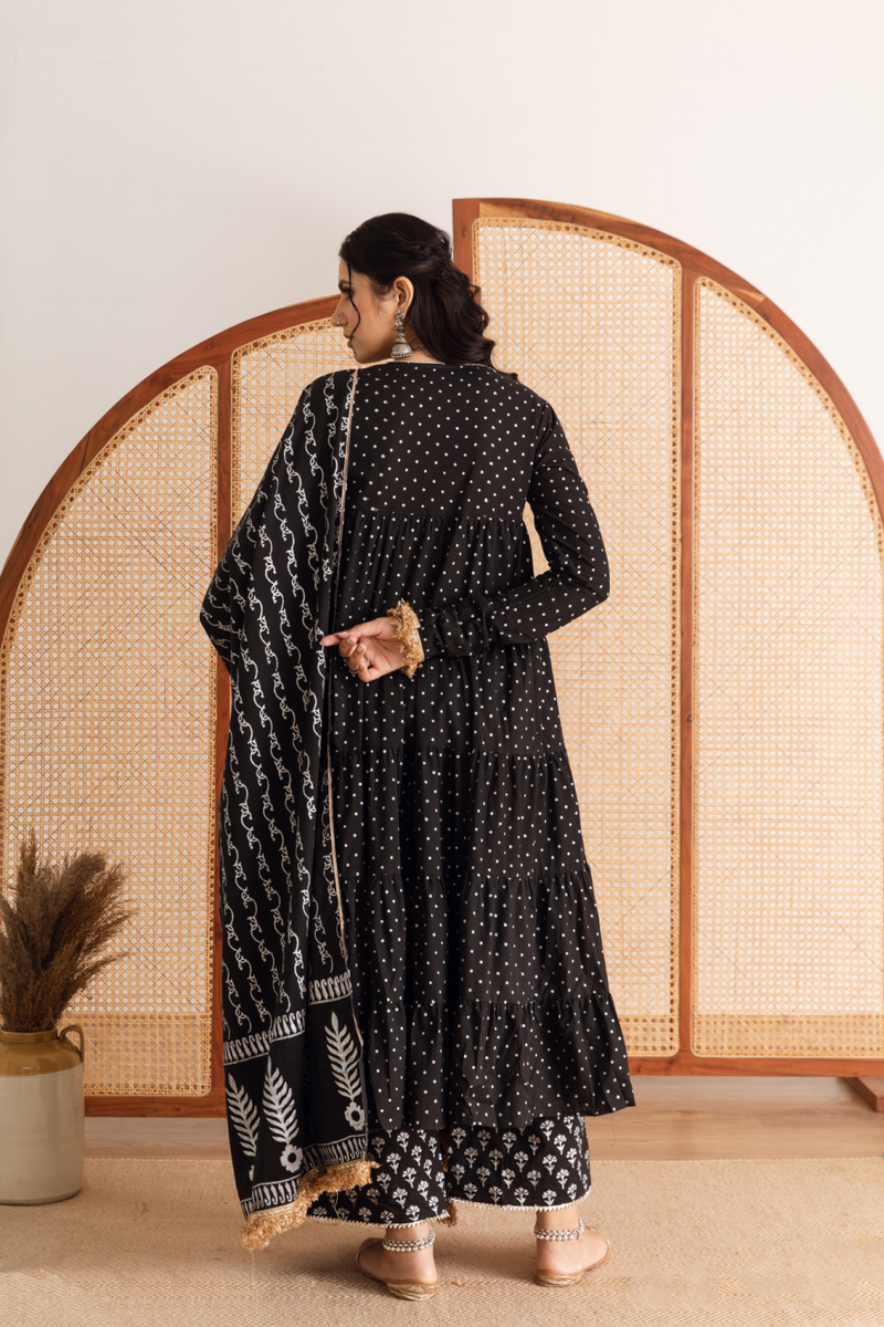 Raat Rani Set - black hand printed cotton kalidar suit set cotton by Maison Shefali in black color for women Worldwide