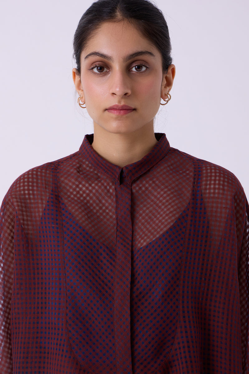 Zuri Blue Checkered HandwovenTop handwoven silk cotton top/shirt by The Summer House in blue for women Worldwide