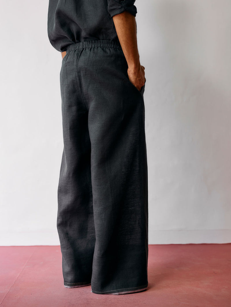 Rin Linen Pants-Charcoal linen pant/trouser by Manan Men in charcoal for men Worldwide