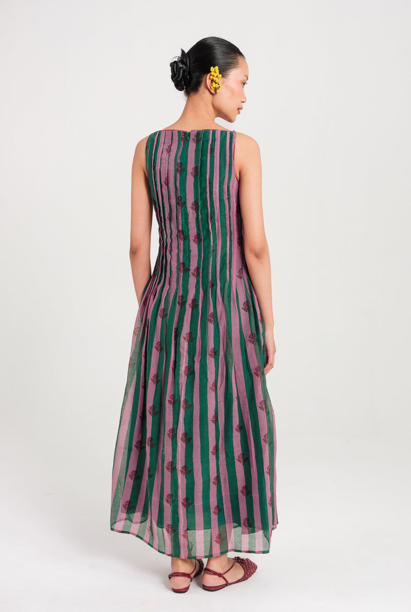 Twirl Pleated Dress mul chanderi dress by JodiLife in pink, green for women Worldwide