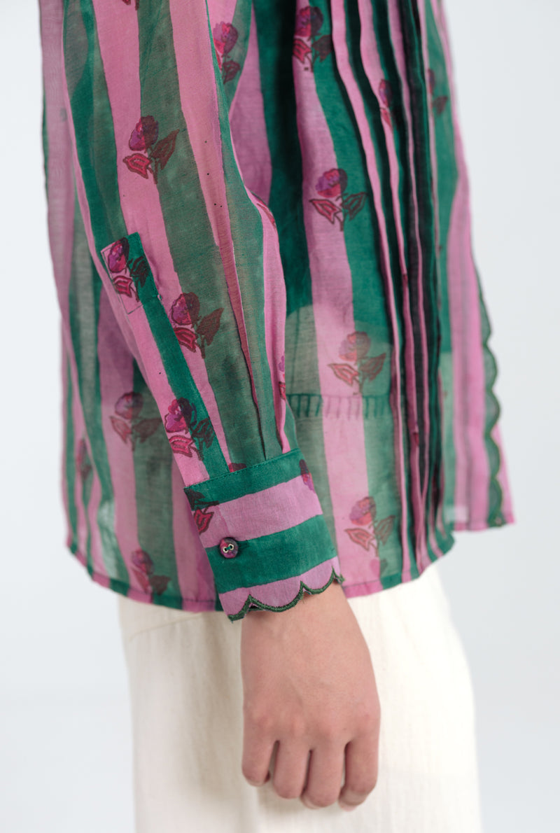 Twirl Scallop Shirt mul chanderi top/shirt by JodiLife in pink, green for women Worldwide