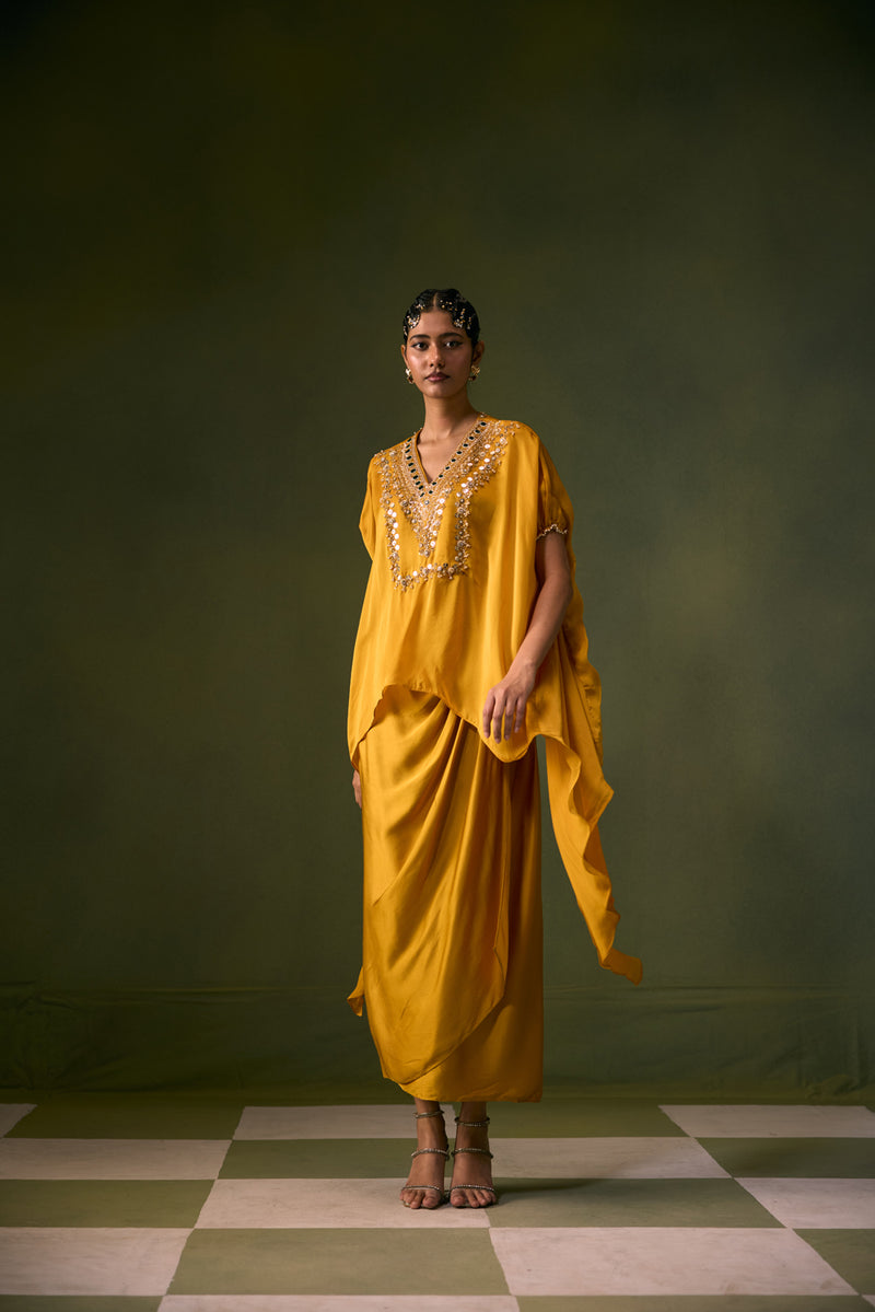 Cove Antifit Asymmetric Top with Wrap Skirt vegan satin, organza satin indo-western by PRAHNAAYA in musturd yellow for women Worldwide