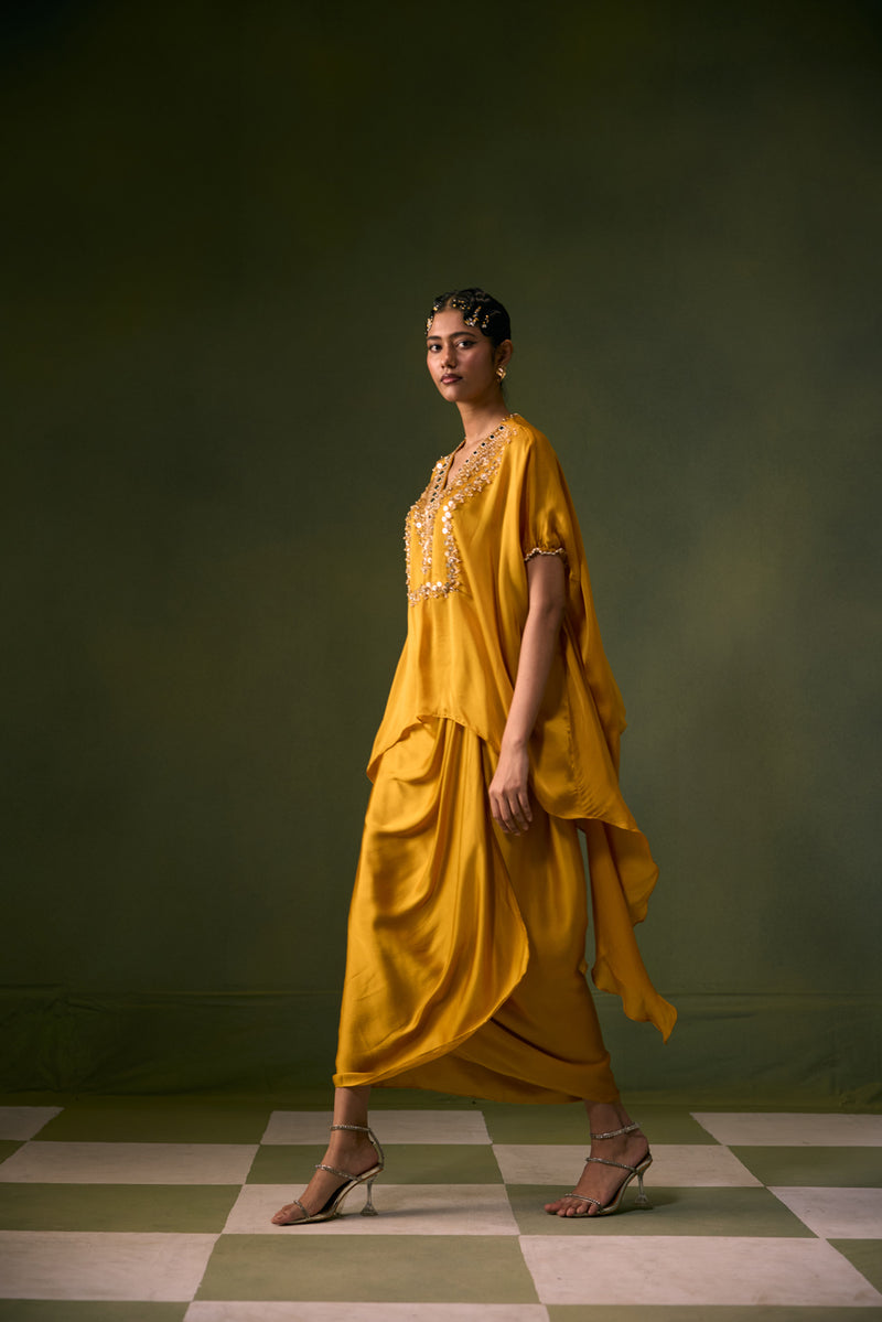 Cove Antifit Asymmetric Top with Wrap Skirt vegan satin, organza satin indo-western by PRAHNAAYA in musturd yellow for women Worldwide