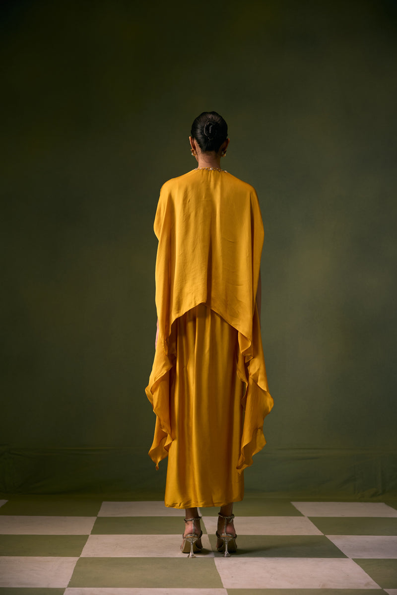 Cove Antifit Asymmetric Top with Wrap Skirt vegan satin, organza satin indo-western by PRAHNAAYA in musturd yellow for women Worldwide