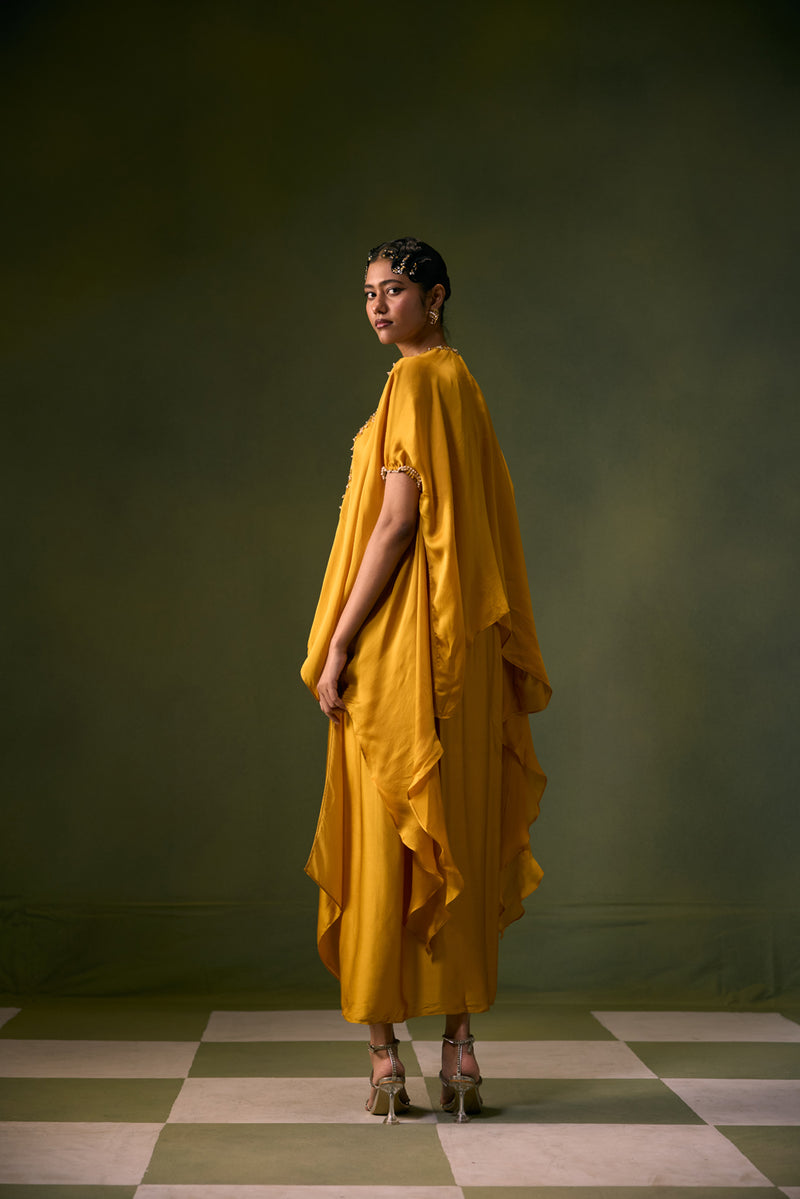 Cove Antifit Asymmetric Top with Wrap Skirt vegan satin, organza satin indo-western by PRAHNAAYA in musturd yellow for women Worldwide