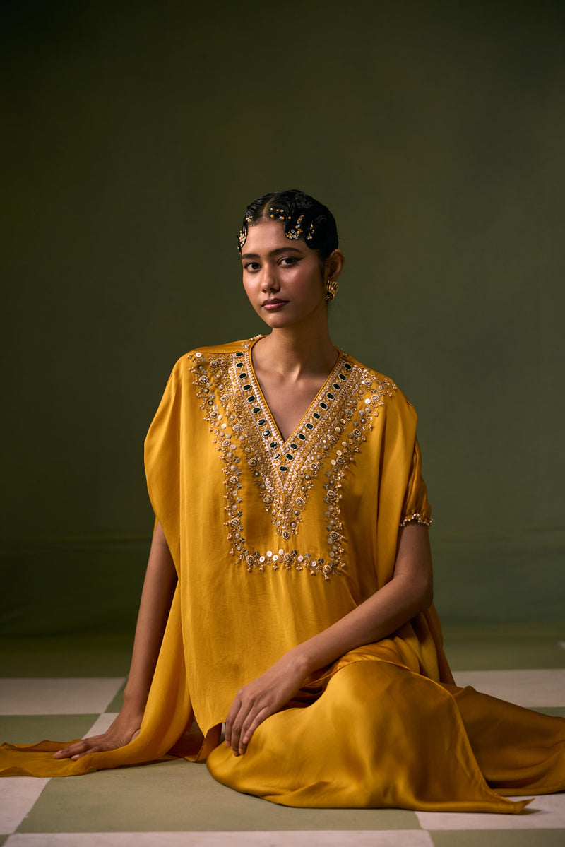 Cove Antifit Asymmetric Top with Wrap Skirt vegan satin, organza satin indo-western by PRAHNAAYA in musturd yellow for women Worldwide