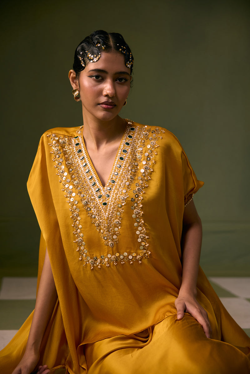Cove Antifit Asymmetric Top with Wrap Skirt vegan satin, organza satin indo-western by PRAHNAAYA in musturd yellow for women Worldwide