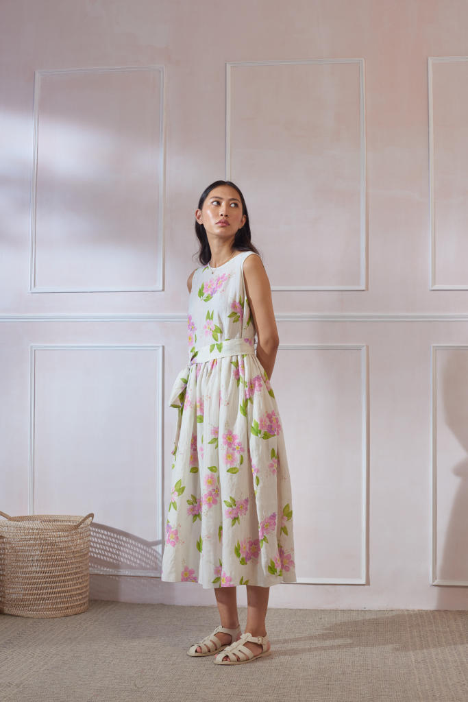 Jarul Linen Midi Dress linen by Nadiya Paar in white color for women Worldwide