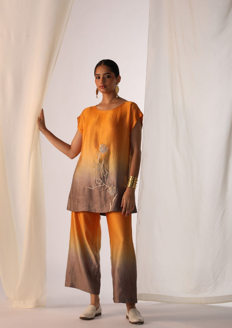 Linen satin ombre co-ord set with floral handwork satin by Myoho in orange color for women Worldwide