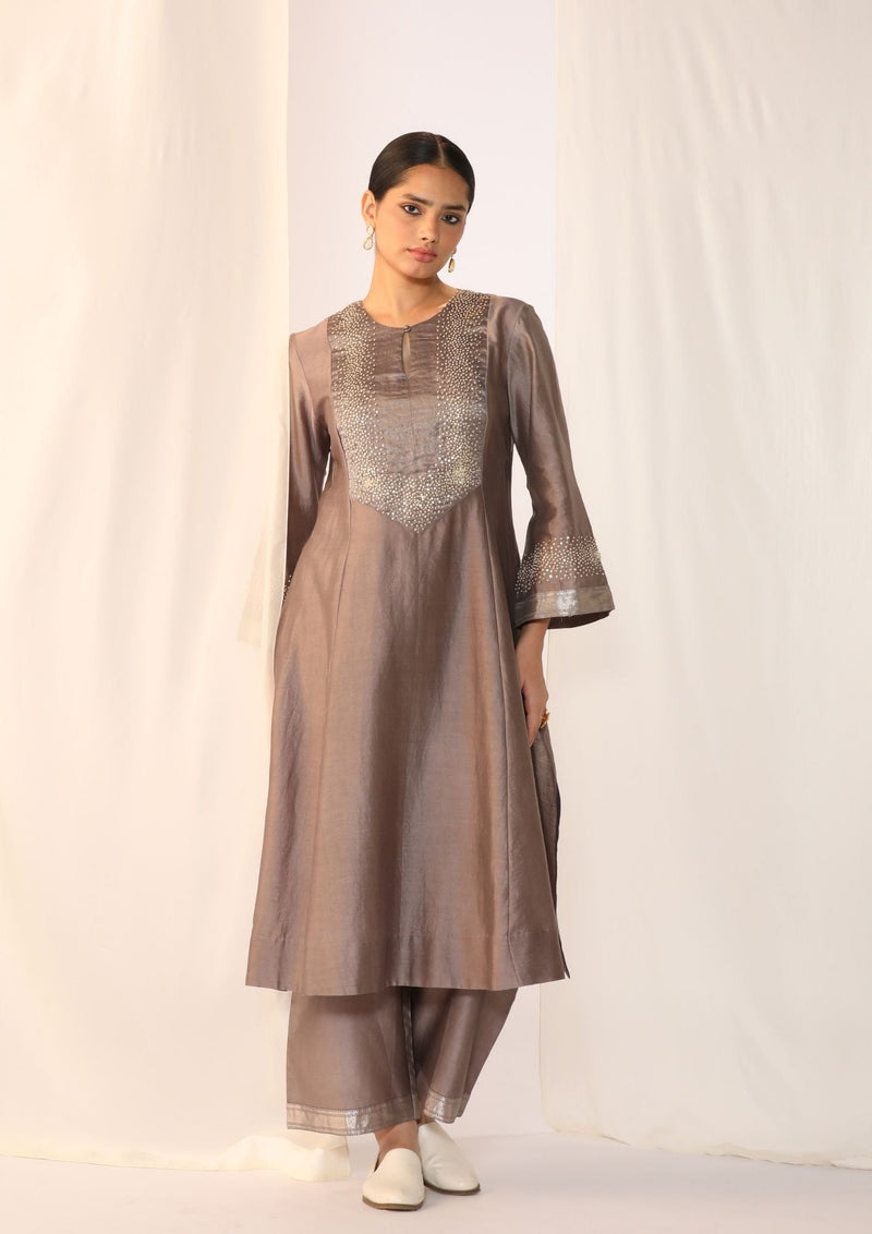 Silk chanderi kurta with french knot embroidery chanderi by Myoho in grey color for women Worldwide
