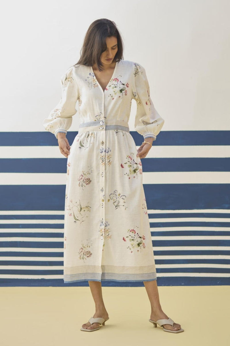 Greta Floral Linen Dress - Ivory linen by Manan in ivory color for women Worldwide