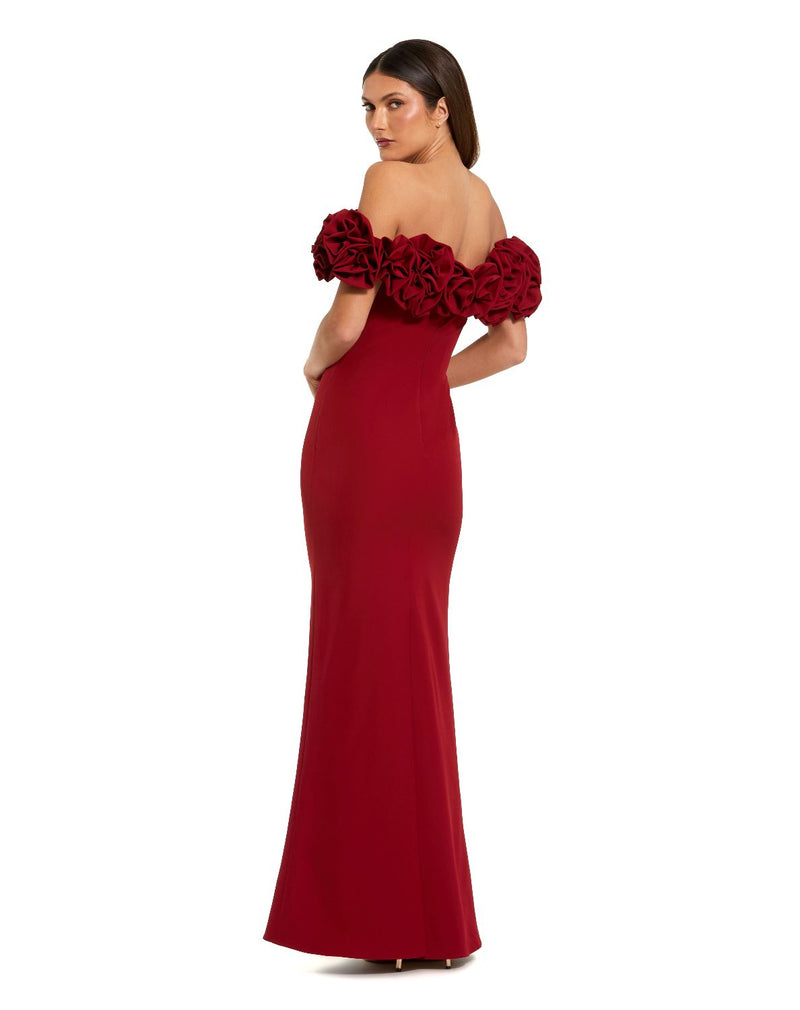 50042 - Red Crepe Off The Shoulder Column Gown With 3D Roses by Mac Duggal in red color for women Worldwide