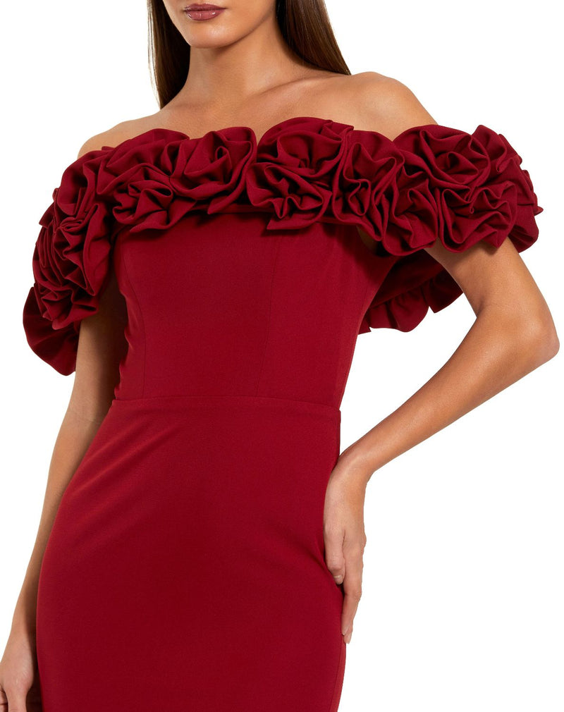 50042 - Red Crepe Off The Shoulder Column Gown With 3D Roses by Mac Duggal in red color for women Worldwide