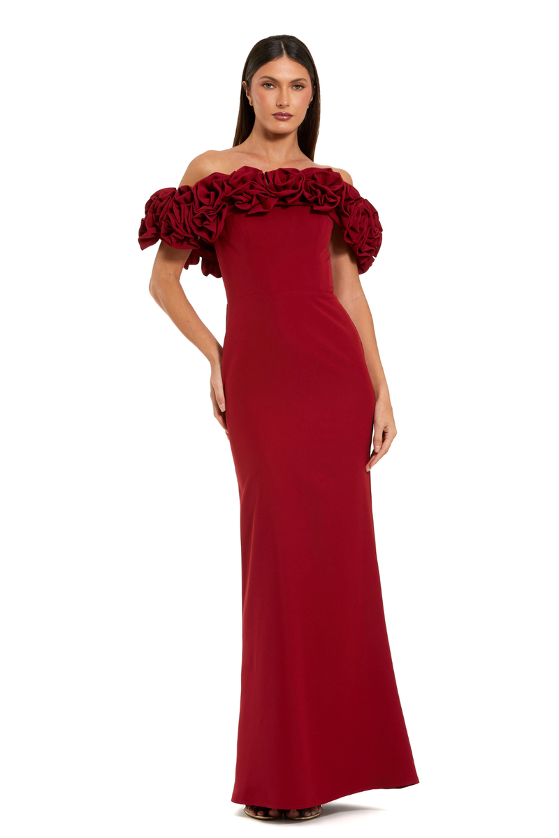 50042 - Red Crepe Off The Shoulder Column Gown With 3D Roses by Mac Duggal in red color for women Worldwide