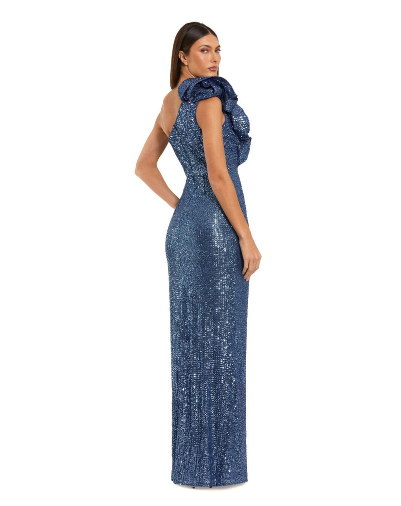 50093 - Blue One Shoulder Sequin Gown With Ruffle Detail by Mac Duggal in blue color for women Worldwide