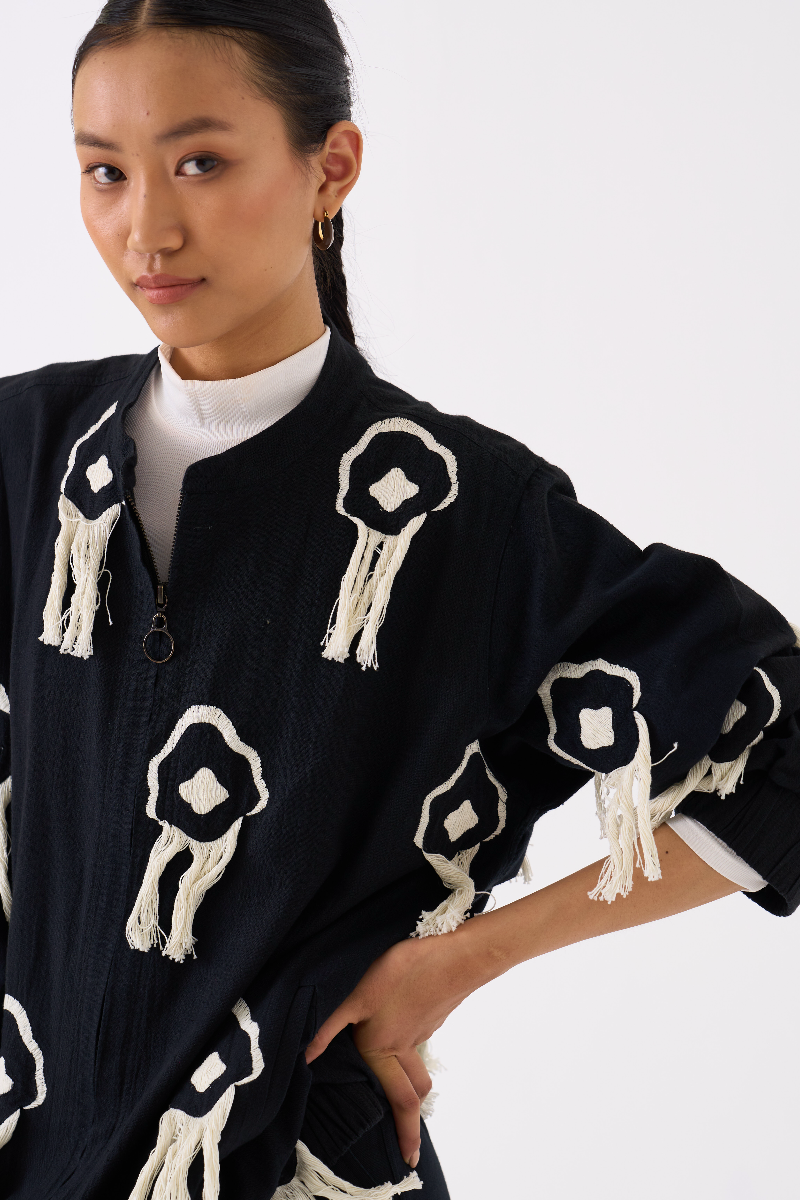 FRINGE BOMBER JACKET CO-ORD 
(SET OF 2)-BLACK by THREE in black color for women Worldwide