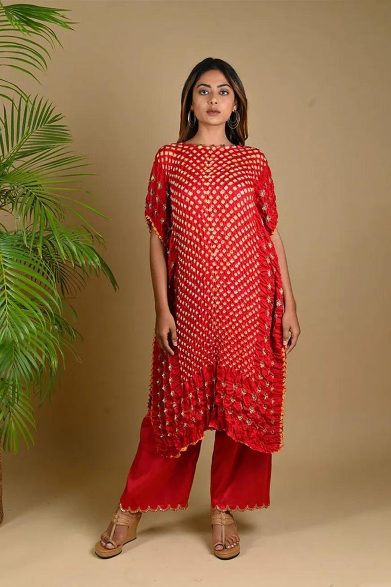 TRIPLE DOT KAFTAN-RED silk by Dyelogue in red color for women Worldwide