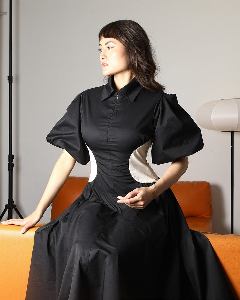 Illusion dress 100% cotton by Leh Studios in black color for women Worldwide