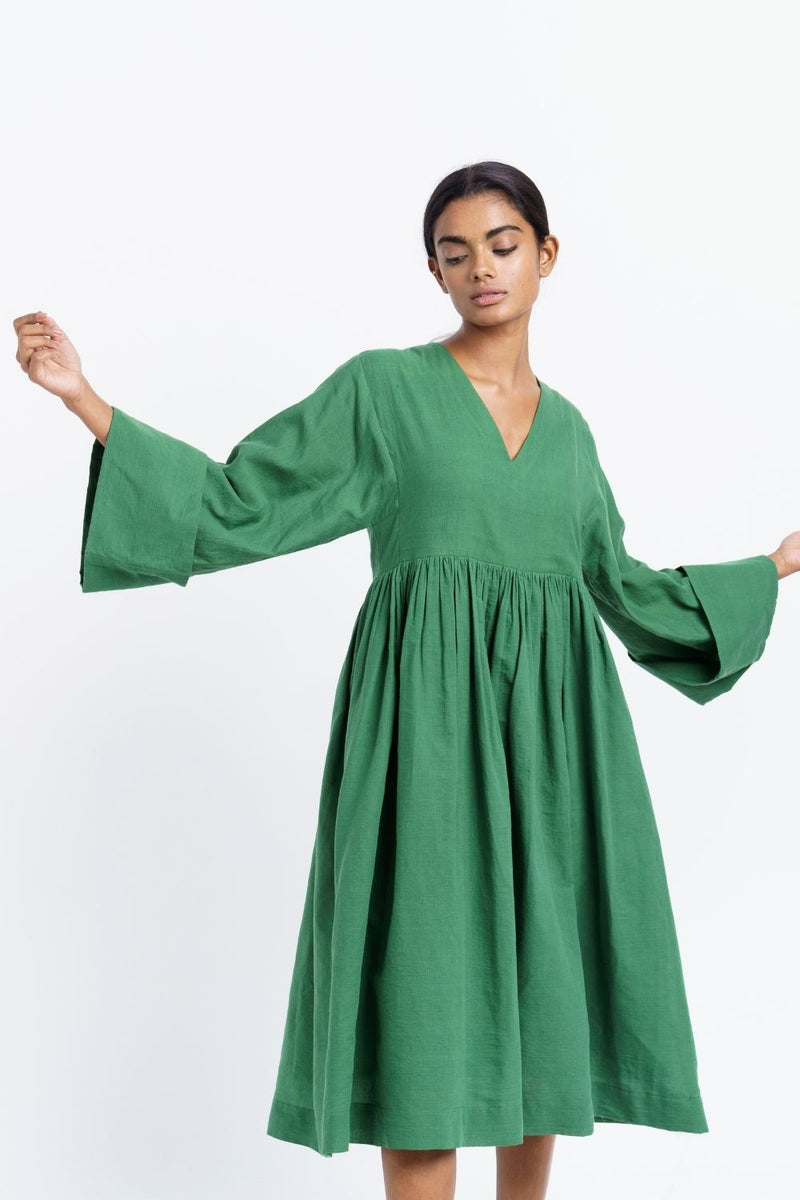 Basil green gathered midi dress - Basil Green Dress by World of Crow in green color for women Worldwide