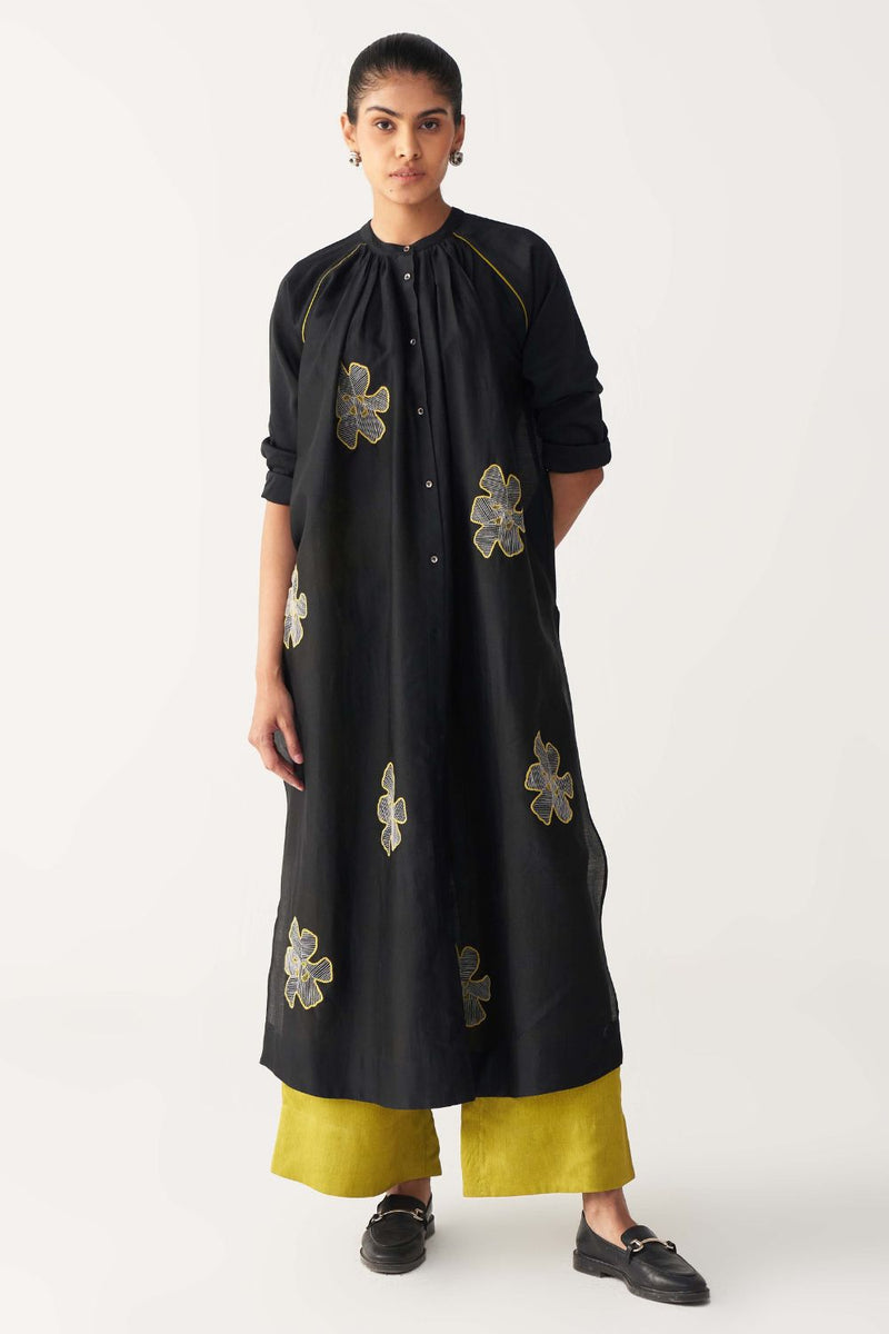 FLORAL EMB. GATHER NECK SHIRT CO-ORD-BLACK & LIME chanderi by THREE in black color for women Worldwide