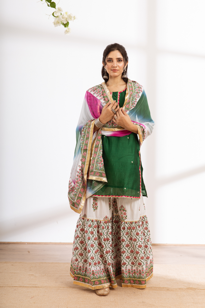 Rasika Harita Sharara Set - green hand block printed chanderi sharara set chanderi by Maison Shefali in green color for women Worldwide