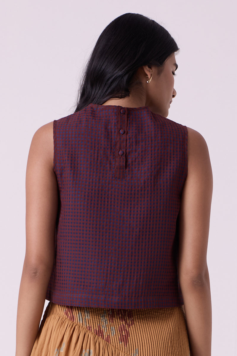 Ori Blue Checkered Handwoven Top handwoven silk cotton top/shirt by The Summer House in blue for women Worldwide