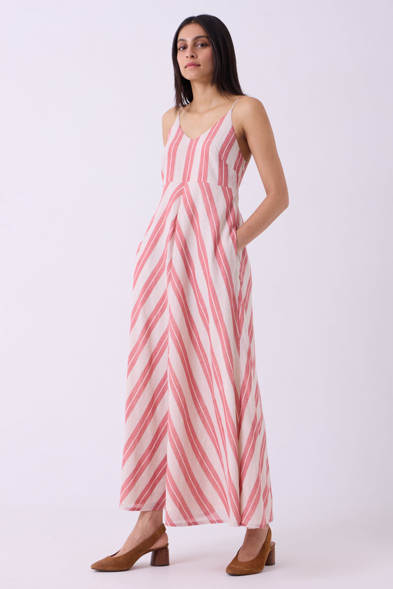 Ritsu Red Striped Handwoven Maxi Dress handwoven cotton dress by The Summer House in red for women Worldwide
