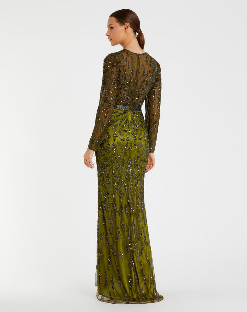 5124-Beaded Long Sleeve Evening Gown by Mac Duggal in olive color for women Worldwide