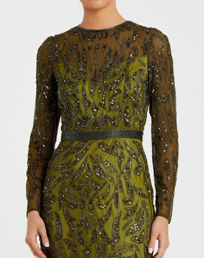 5124-Beaded Long Sleeve Evening Gown by Mac Duggal in olive color for women Worldwide