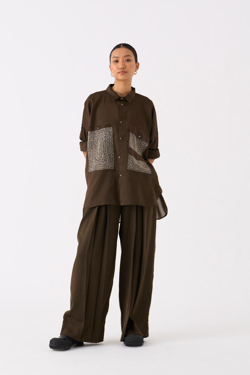 PATCH POCKET SHIRT CO-ORD
(SET OF 2)-DARK OLIVE poplin by THREE in olive color for women Worldwide