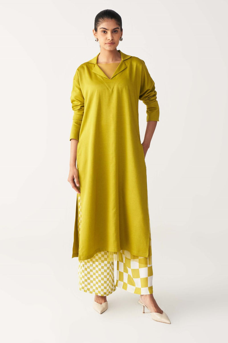 CHECKERED PEASANT TOP CO-ORD-LIME silk by THREE for women Worldwide