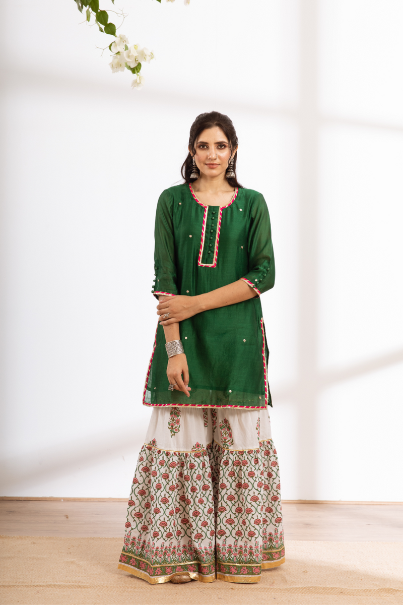 Rasika Harita Sharara Set - green hand block printed chanderi sharara set chanderi by Maison Shefali in green color for women Worldwide