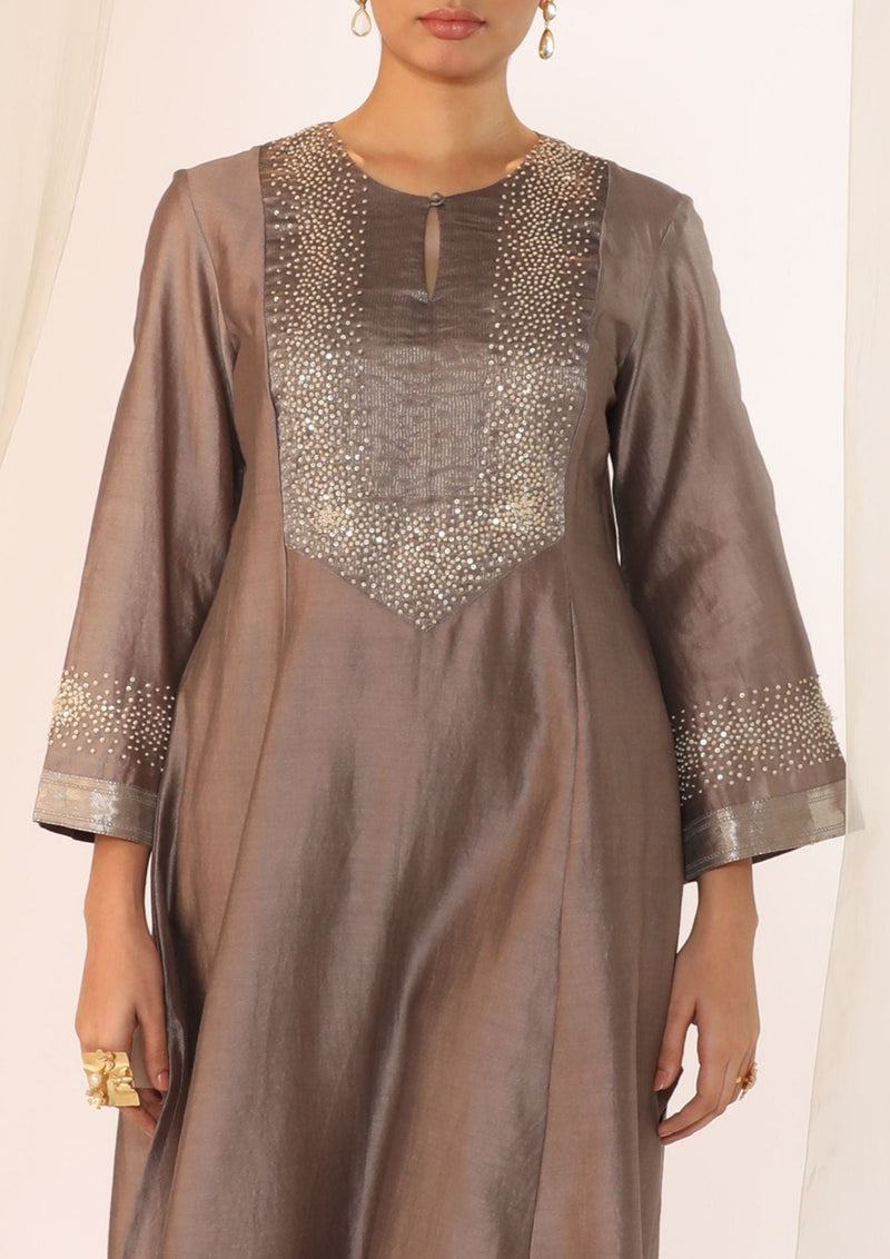 Silk chanderi kurta with french knot embroidery chanderi by Myoho in grey color for women Worldwide