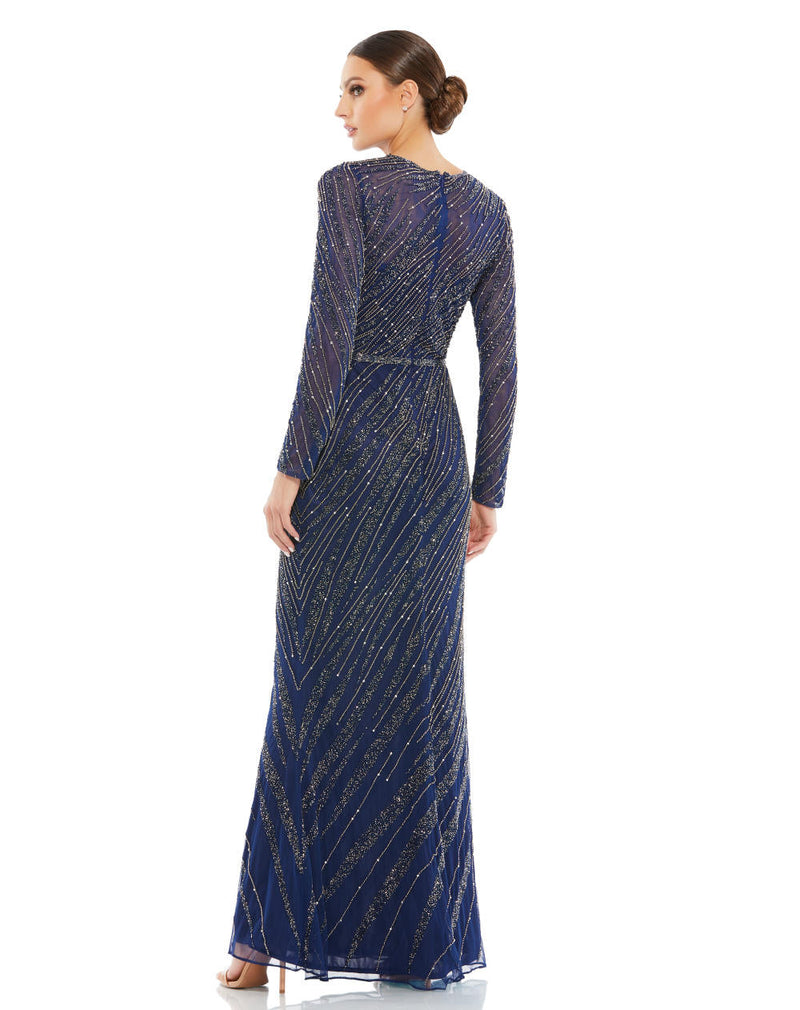 5240-Long Sleeve Beaded Column Gown (midnight) by Mac Duggal for women Worldwide