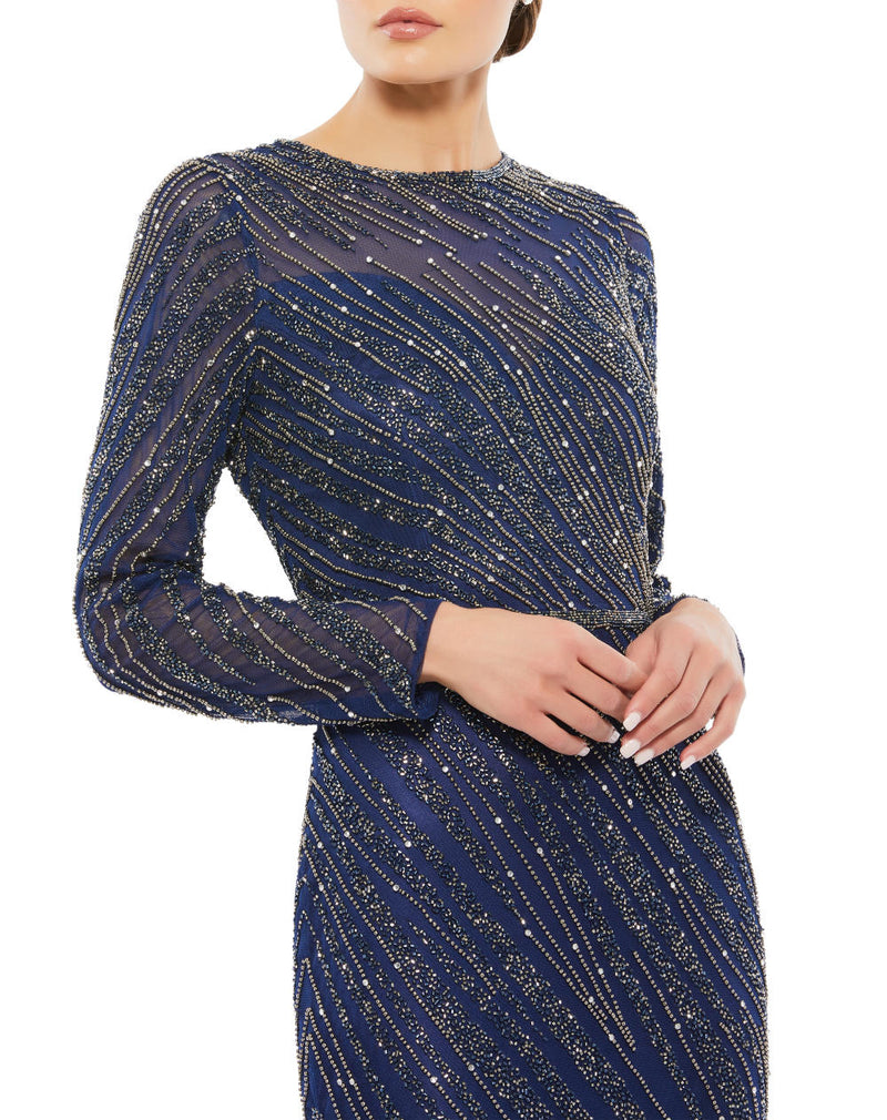 5240-Long Sleeve Beaded Column Gown (midnight) by Mac Duggal for women Worldwide