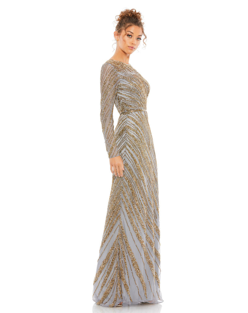 5240-Long Sleeve Beaded Column Gown (platinum) by Mac Duggal for women Worldwide