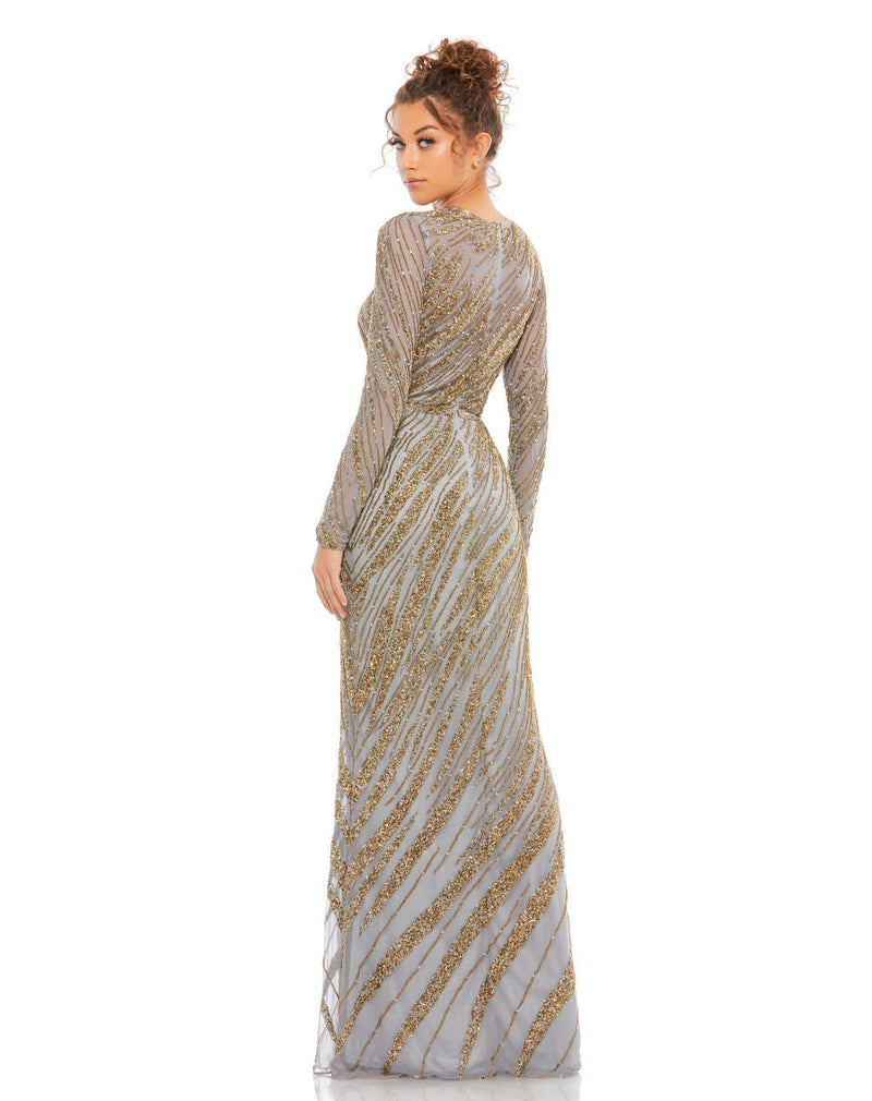 5240-Long Sleeve Beaded Column Gown (platinum) by Mac Duggal for women Worldwide
