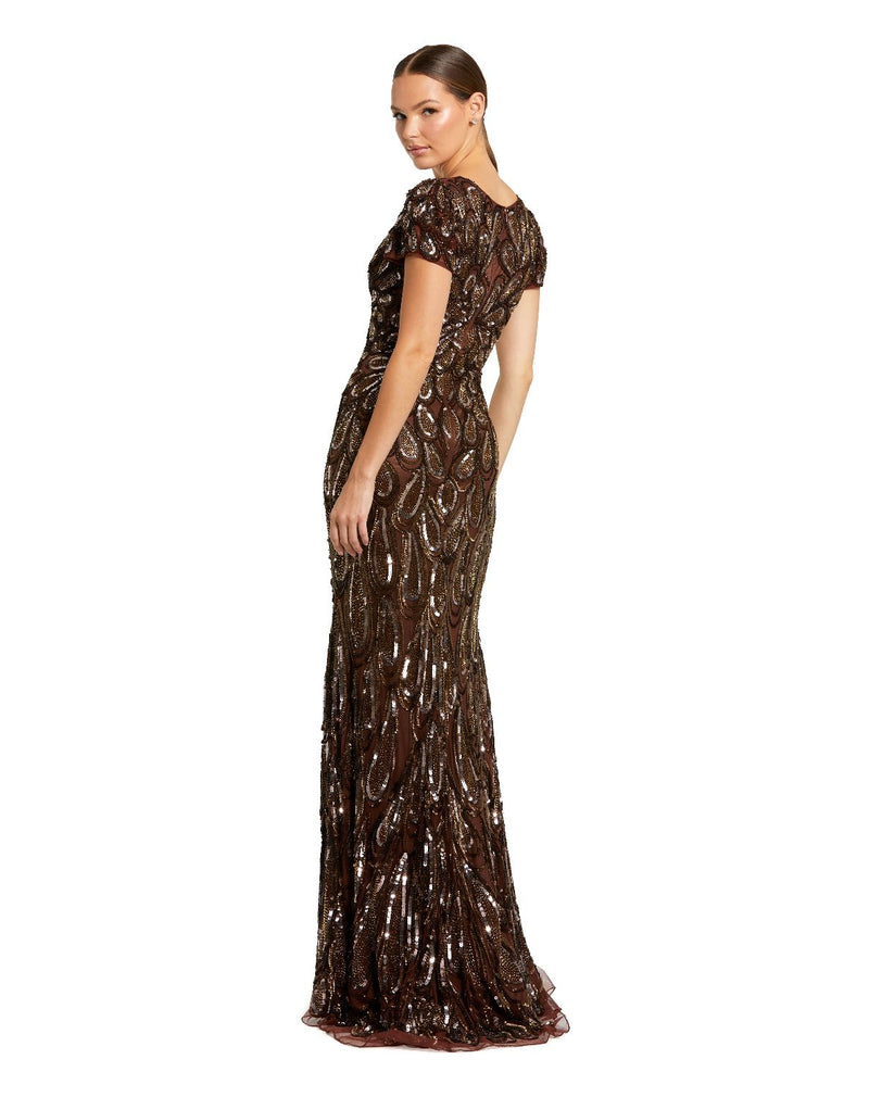 5243-Brown Beaded Embellished V Neck Cap Sleeve Column Gown by Mac Duggal in brown color for women Worldwide