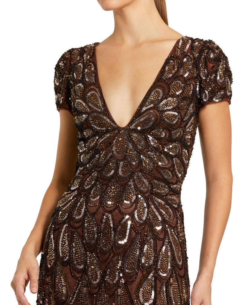 5243-Brown Beaded Embellished V Neck Cap Sleeve Column Gown by Mac Duggal in brown color for women Worldwide