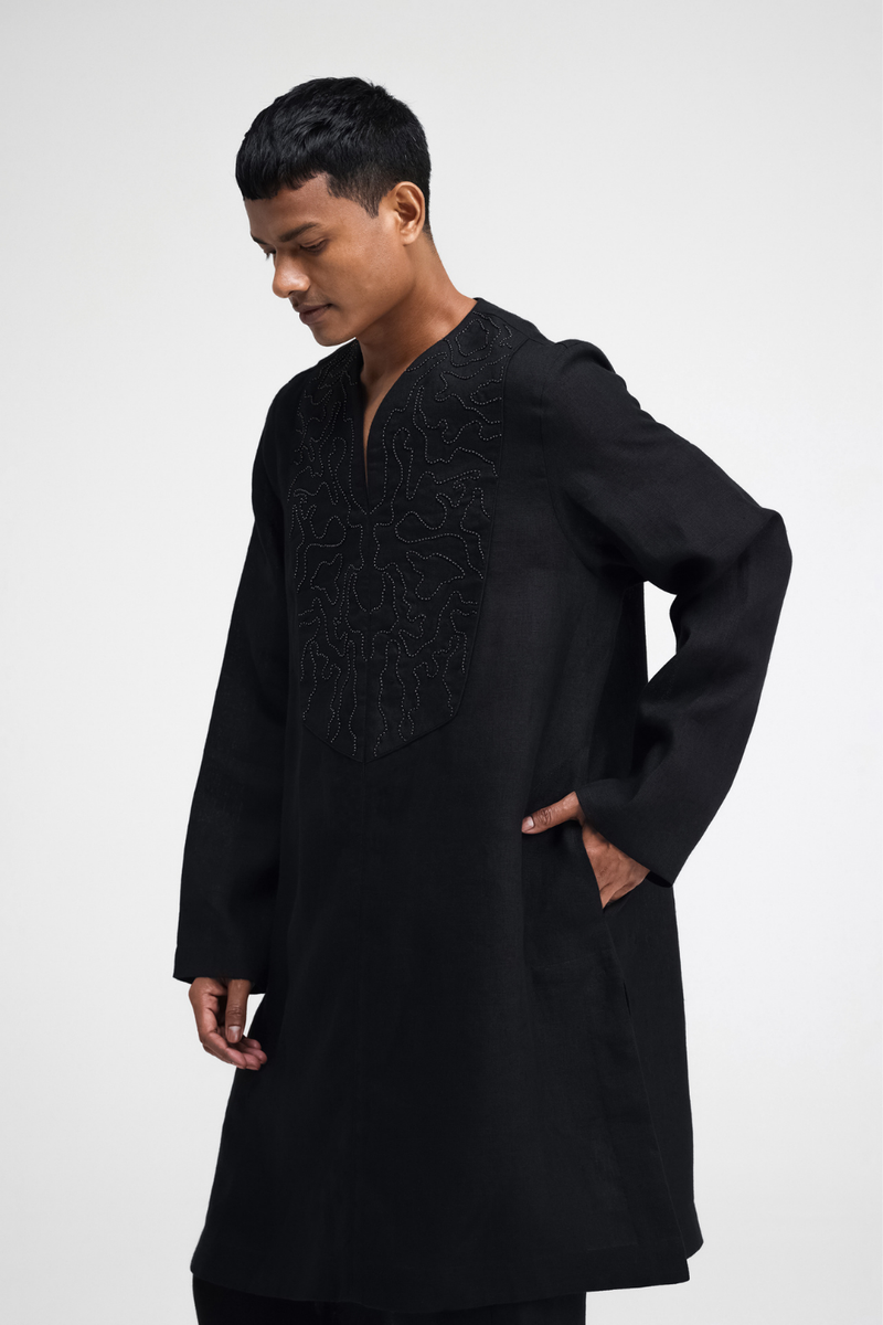 Linen Hand-Embroidered Co-ord Set by Turn Black in black color for men Worldwide