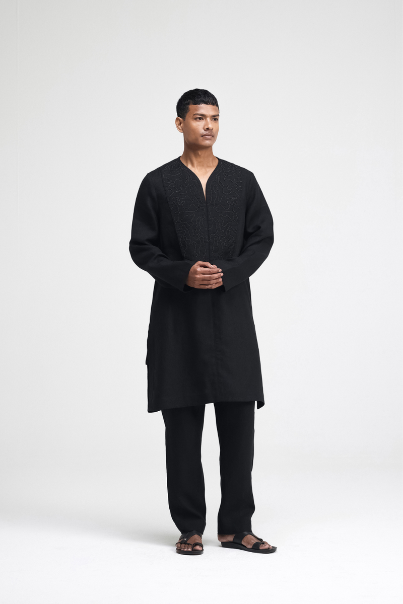 Linen Hand-Embroidered Co-ord Set by Turn Black in black color for men Worldwide