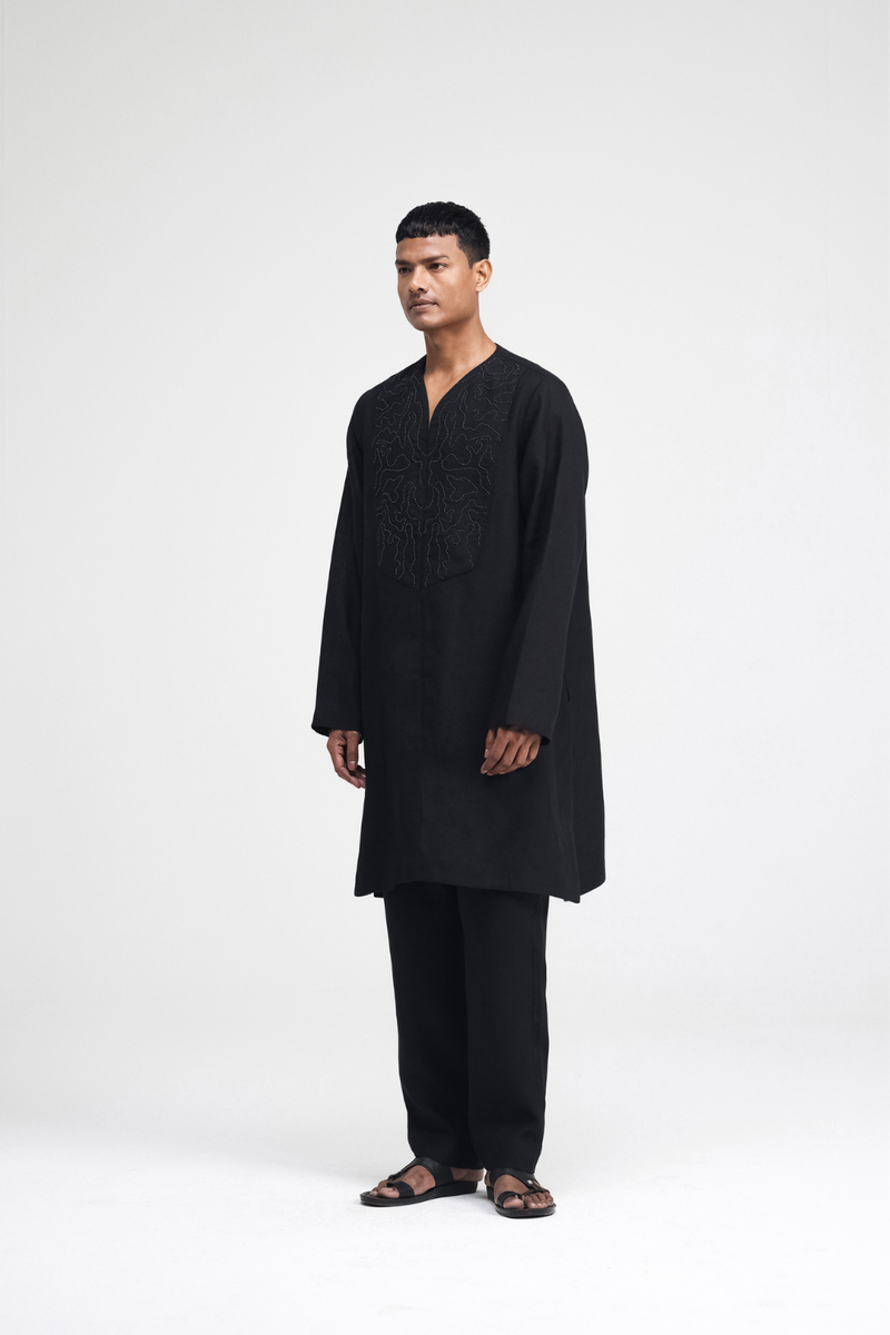 Linen Hand-Embroidered Co-ord Set by Turn Black in black color for men Worldwide