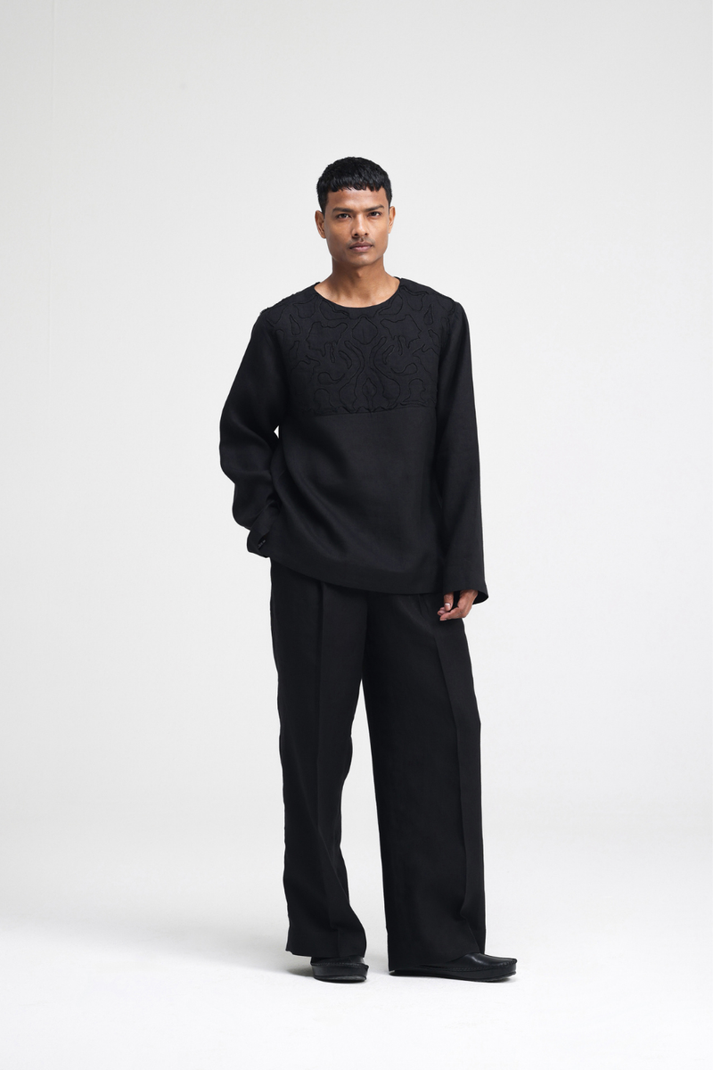 Saril Hand-Embroidered Top linen by Turn Black in black color for men Worldwide
