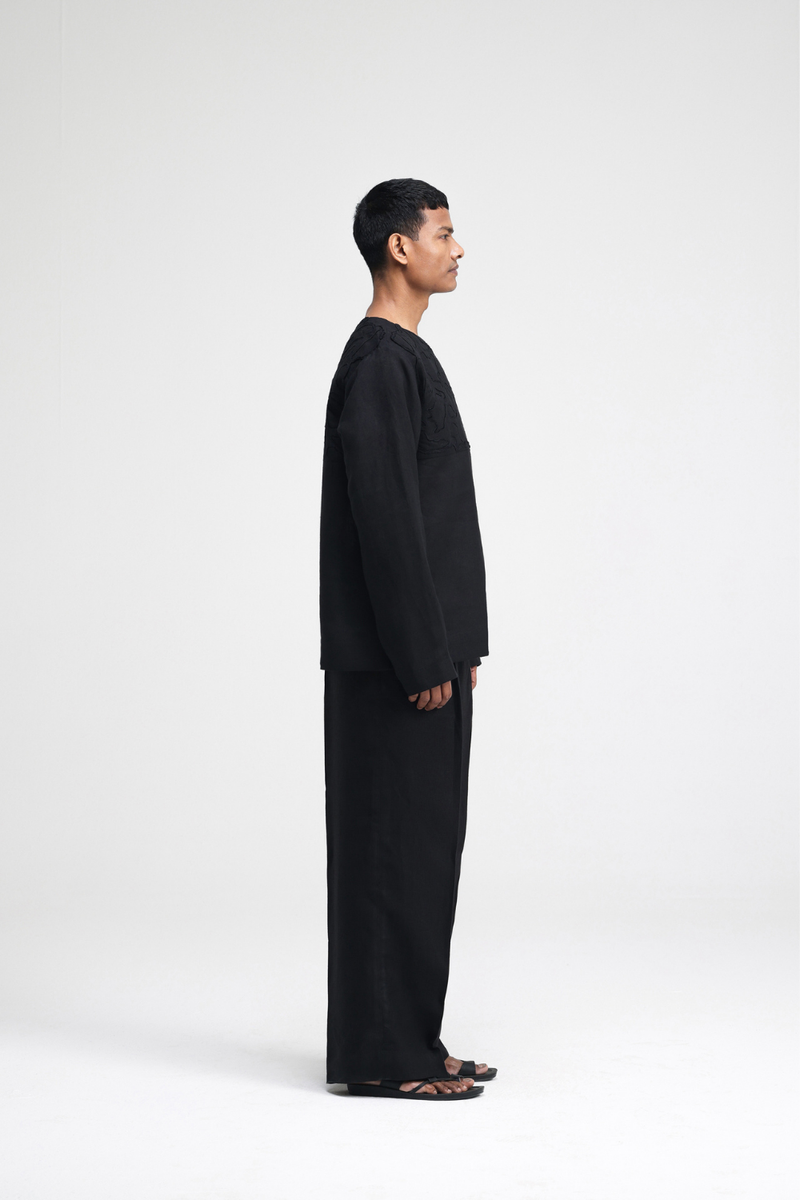 Saril Hand-Embroidered Top linen by Turn Black in black color for men Worldwide