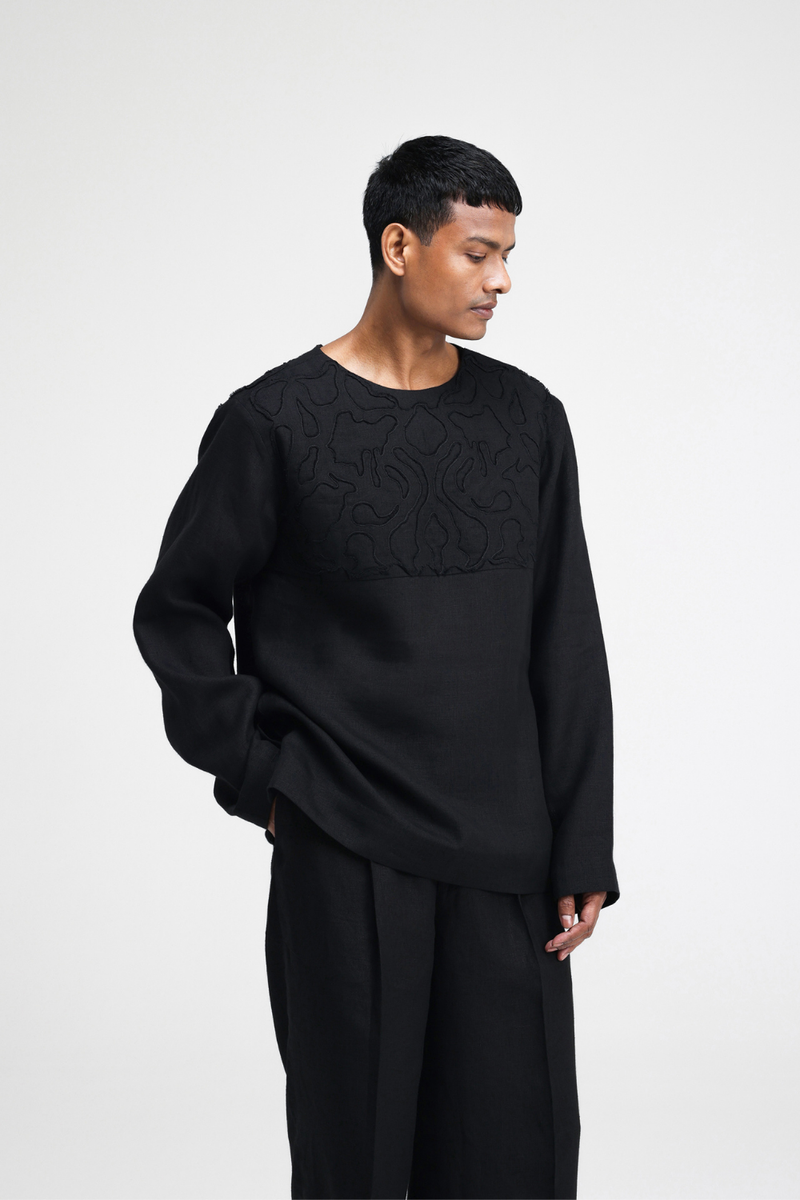 Saril Hand-Embroidered Top linen by Turn Black in black color for men Worldwide