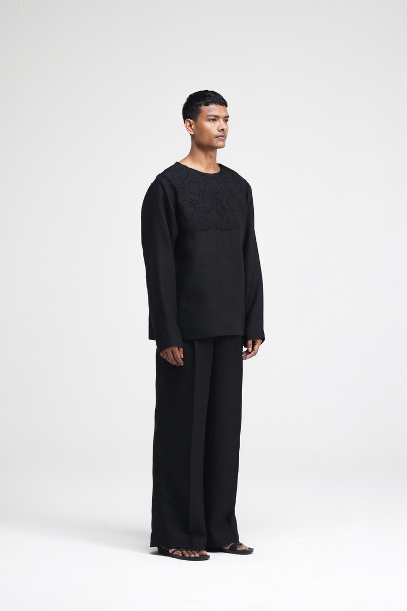 Saril Hand-Embroidered Top linen by Turn Black in black color for men Worldwide